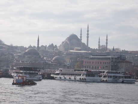 View up to Suleymaniye mosque from the Galata bridge, Istanbul.